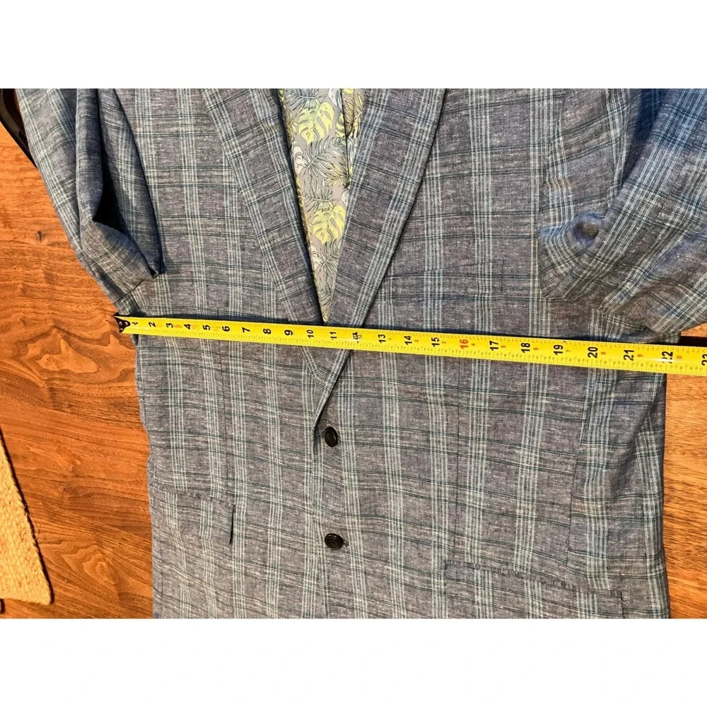 Alan Flusser Mens 44R Blue Plaid Linen Blend Sport Coat Blazer Tropical Preppy
